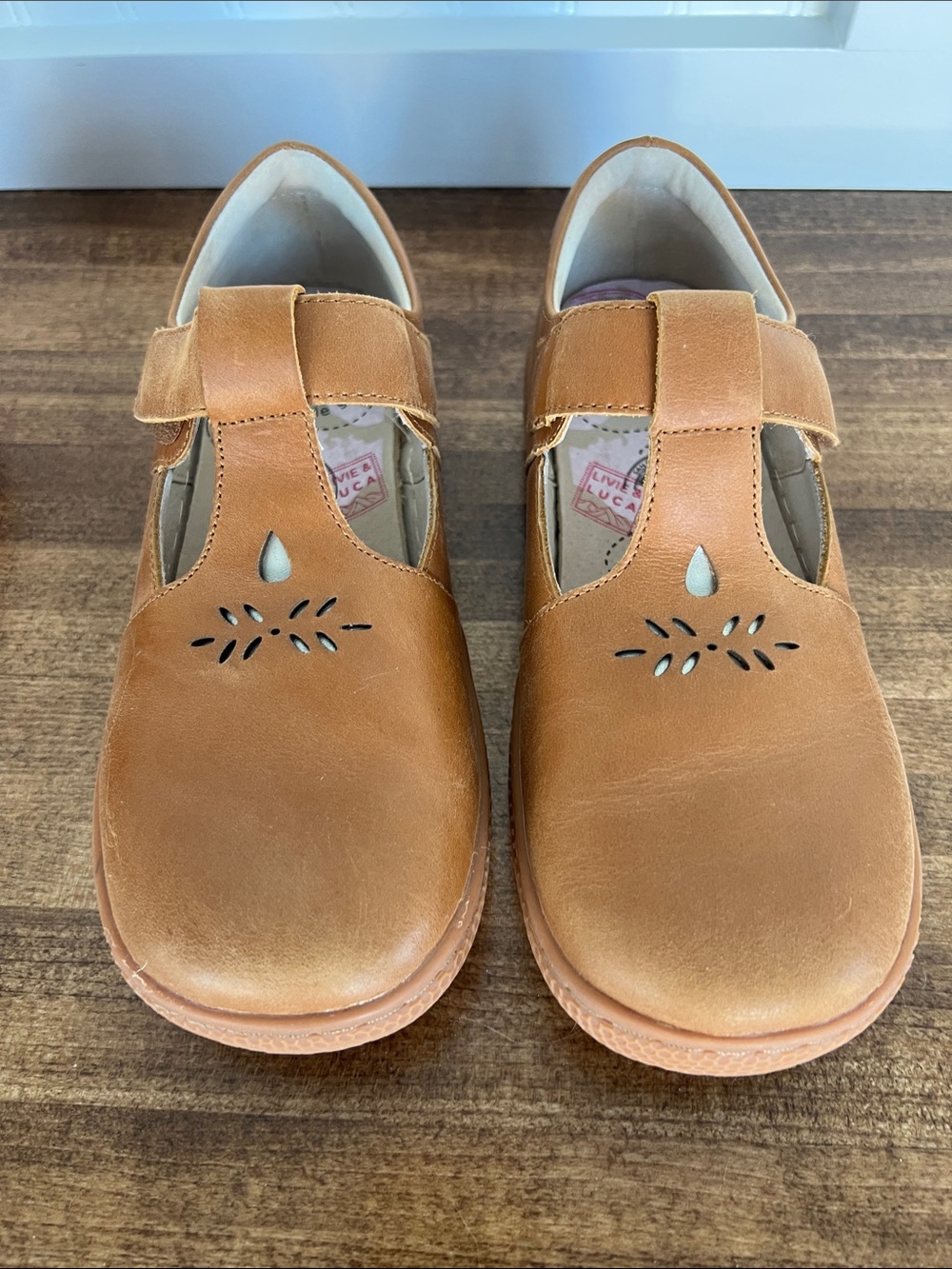 Livie & Luca Tan Leather Mary Jane Flats with Cutout Detail